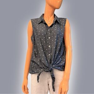 TALBOTS Polka Dot Tie Waist Button Down Sleeveless Cotton Shirt Petite Plus